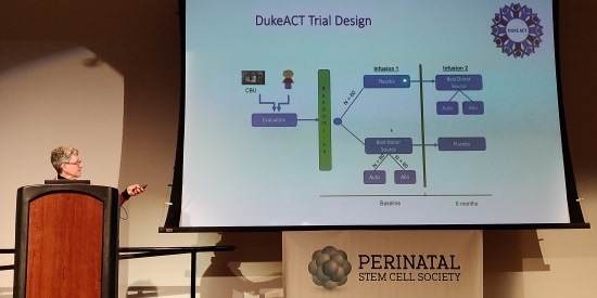 Dr. Kurtzberg presenting Duke's ACT trial at Perinatal Stem Cell Society meeting March 2020