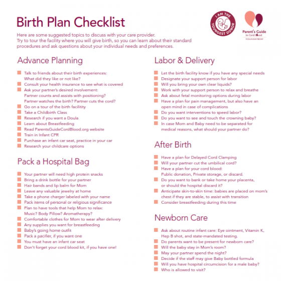 Birth Plan Checklist from Parent's Guide to Cord Blood and The Youngest Donor