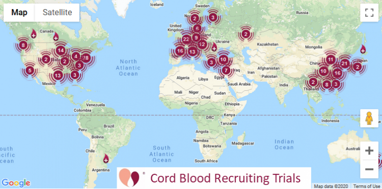 world map of recruiting cord blood trials as of 30 April 2020