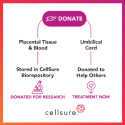 Parents choosing CellSure's Donate option donate their placenta and umbilical cord birth tissues