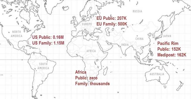 World map with notes on regional cord blood inventory, both public and private