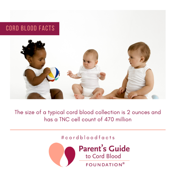 The size of a typical cord blood collection is 2 ounces and has a TNC cell count of 470 million