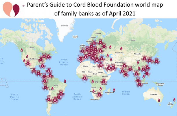 Parent’s Guide to Cord Blood Foundation world map of family cord blood banks as of April 2021