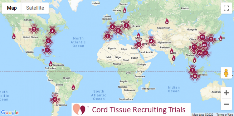 world map of recruiting cord tissue trials as of 30 April 2020
