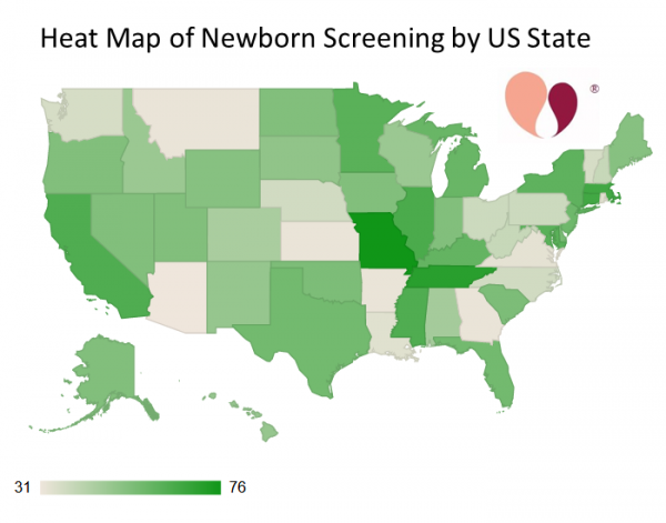 heat map of automatic newborn screening in the United States